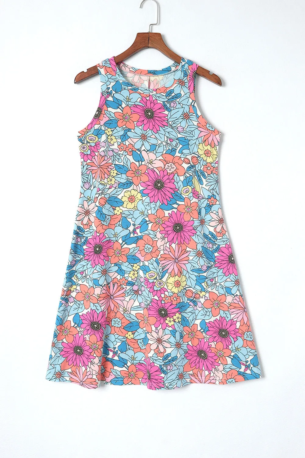 Colourful Floral Print Round Neck Sleeveless Dress