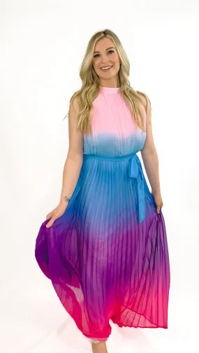 Corinne Pleated Maxi Dress- Ombre Pink/Blue