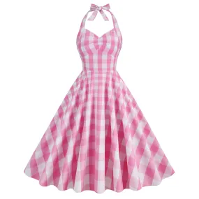 Cosplay England Style Cotton Pink Plaid Striped Halter Neck Fit Flare Midi Dress