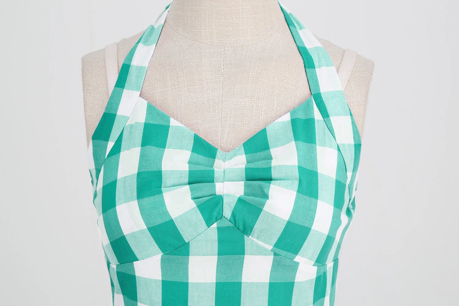 Cosplay England Style Cotton Pink Plaid Striped Halter Neck Fit Flare Midi Dress