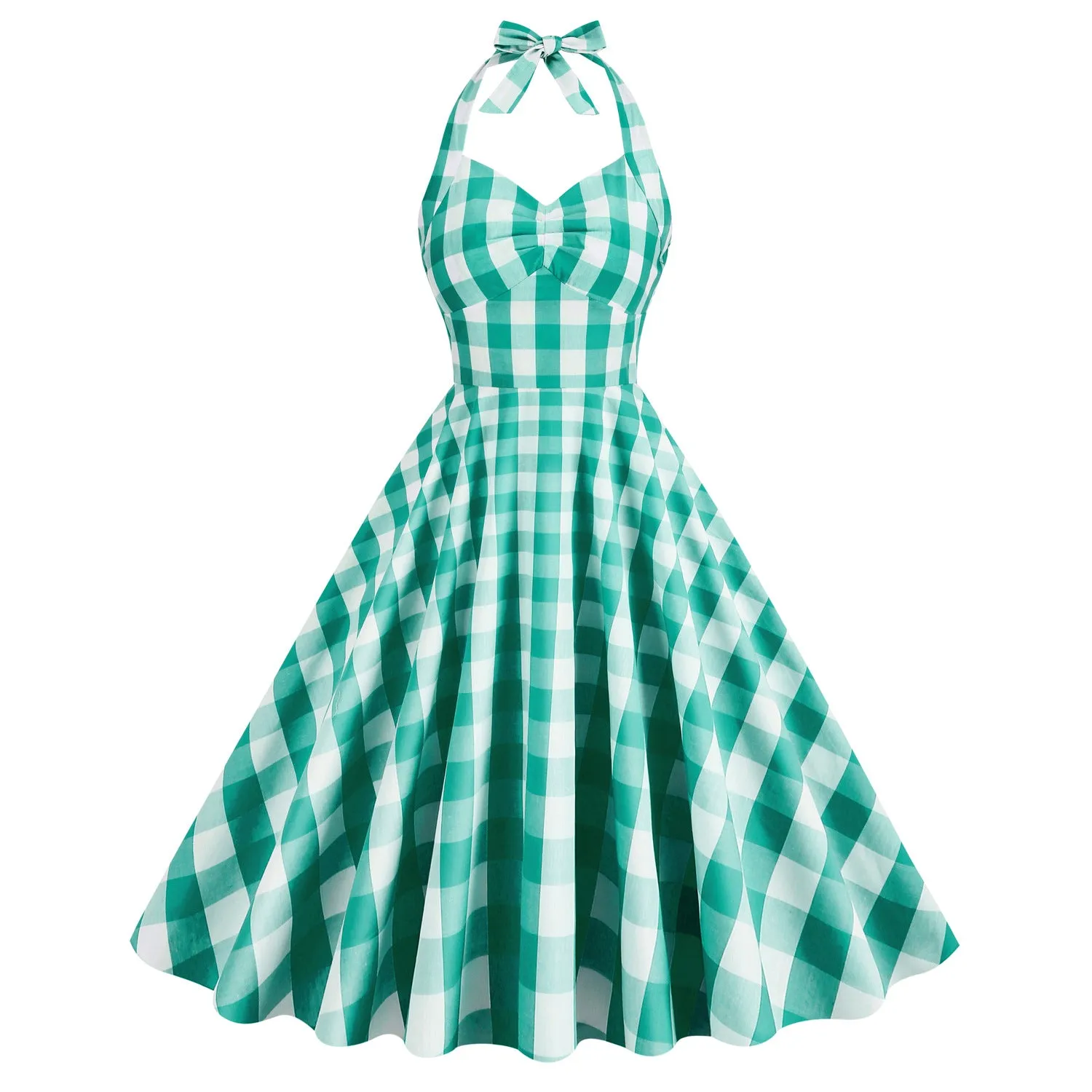 Cosplay England Style Cotton Pink Plaid Striped Halter Neck Fit Flare Midi Dress