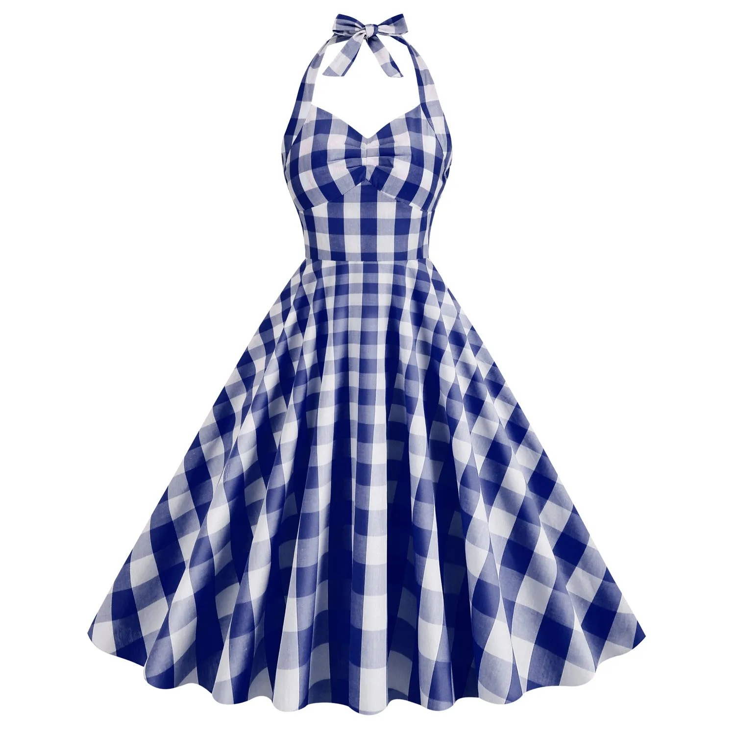 Cosplay England Style Cotton Pink Plaid Striped Halter Neck Fit Flare Midi Dress