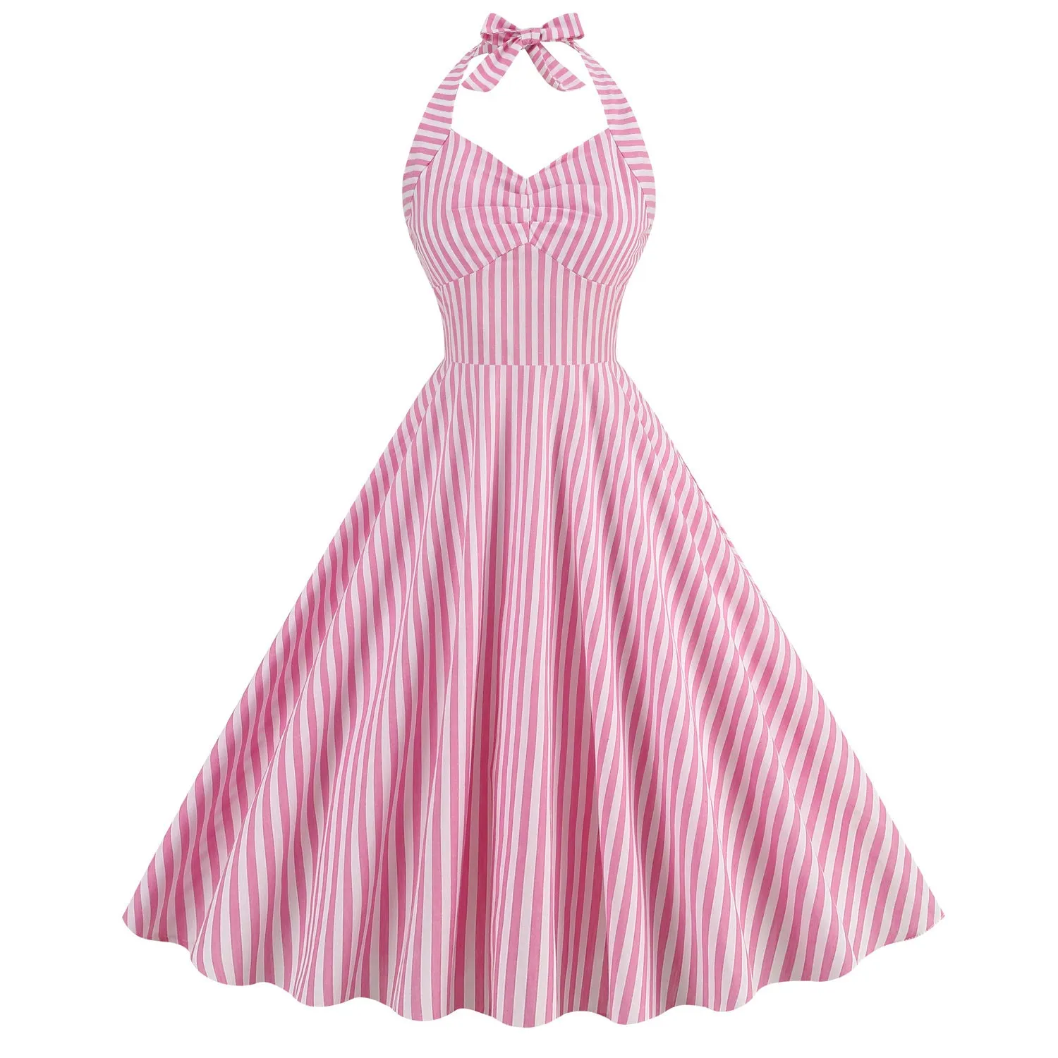 Cosplay England Style Cotton Pink Plaid Striped Halter Neck Fit Flare Midi Dress