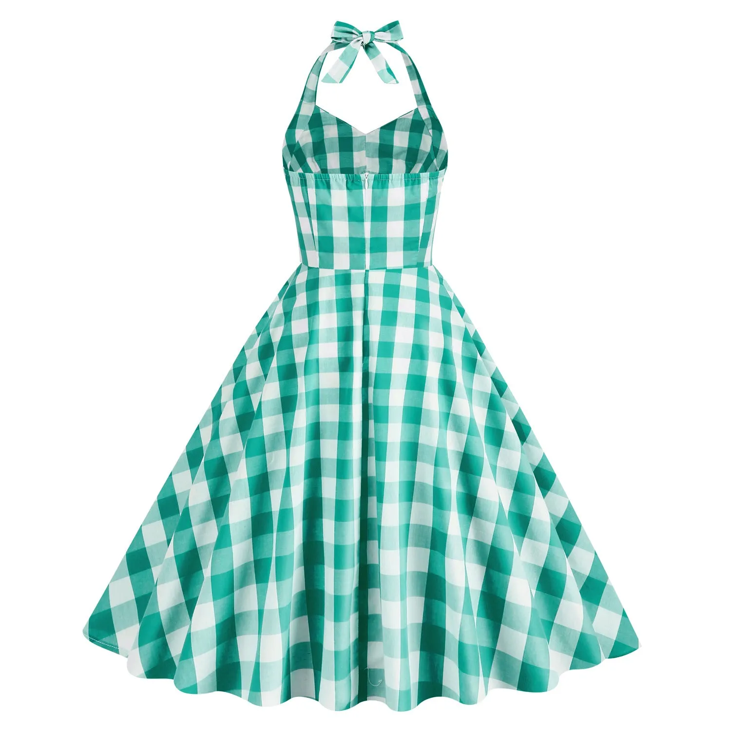 Cosplay England Style Cotton Pink Plaid Striped Halter Neck Fit Flare Midi Dress