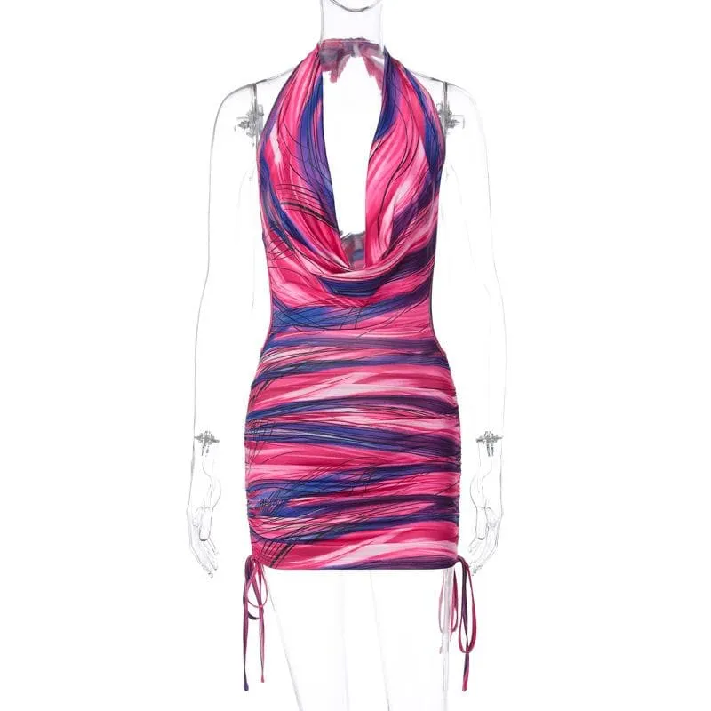 Cowl neck halter contrast drawstring self tie backless mini dress  | red tango dress