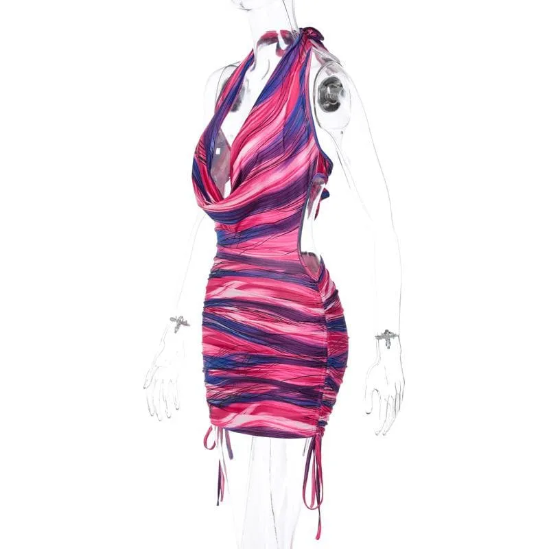 Cowl neck halter contrast drawstring self tie backless mini dress  | red tango dress