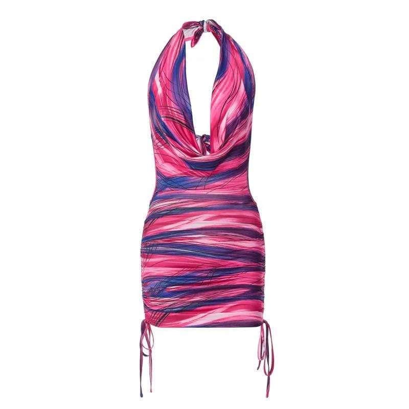 Cowl neck halter contrast drawstring self tie backless mini dress  | red tango dress