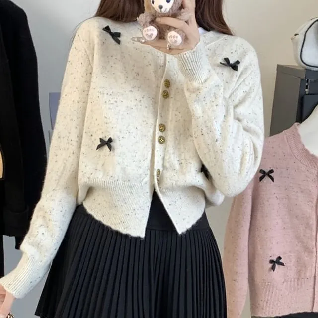 Crew Neck Bow Melange Cardigan