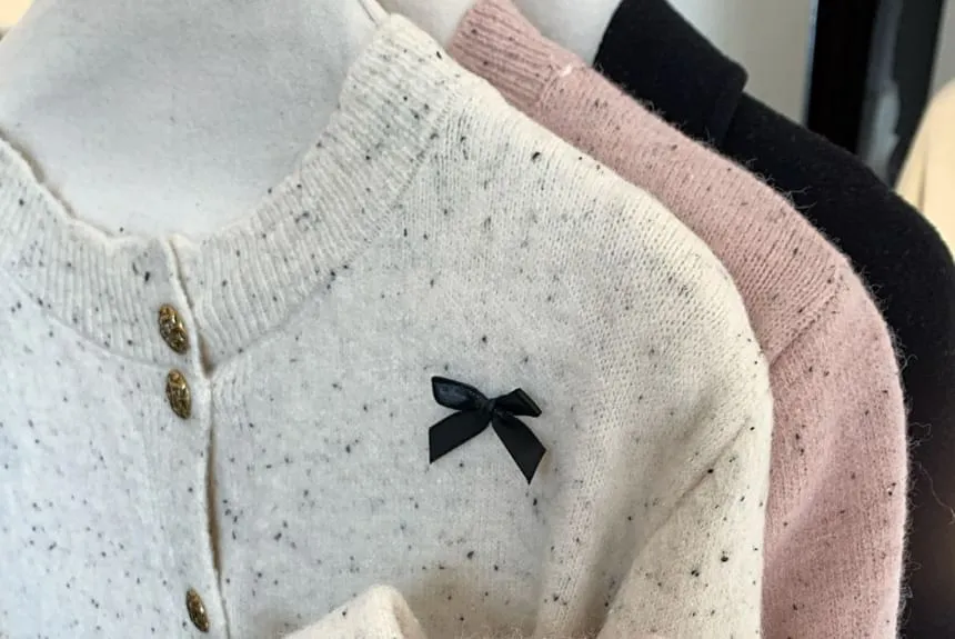 Crew Neck Bow Melange Cardigan