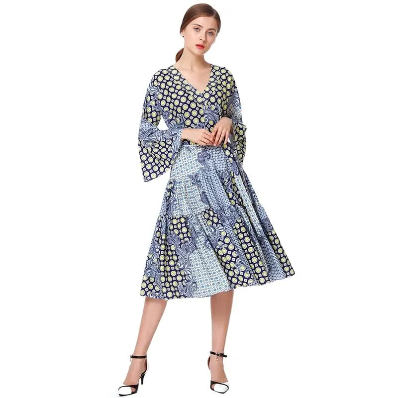 D051 Women print polyester three-quarter sleeves tiered design midi dress