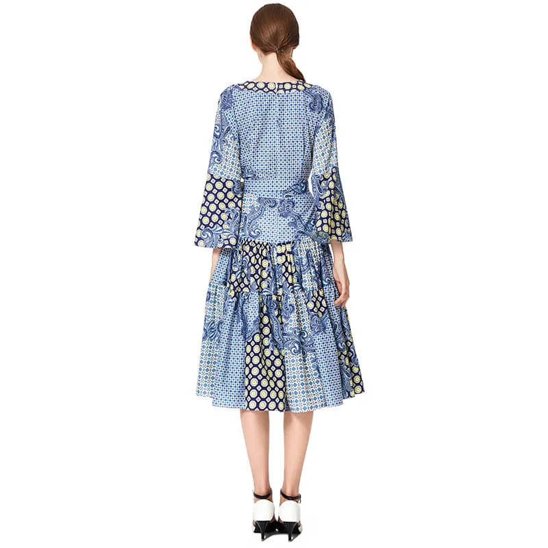 D051 Women print polyester three-quarter sleeves tiered design midi dress