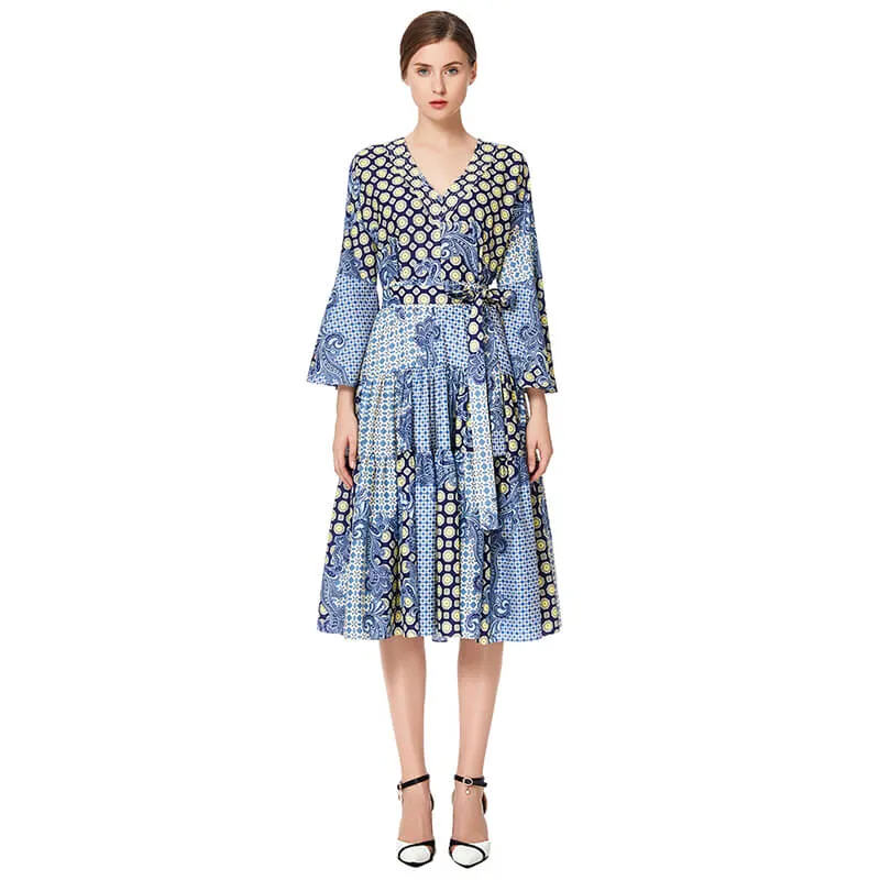 D051 Women print polyester three-quarter sleeves tiered design midi dress
