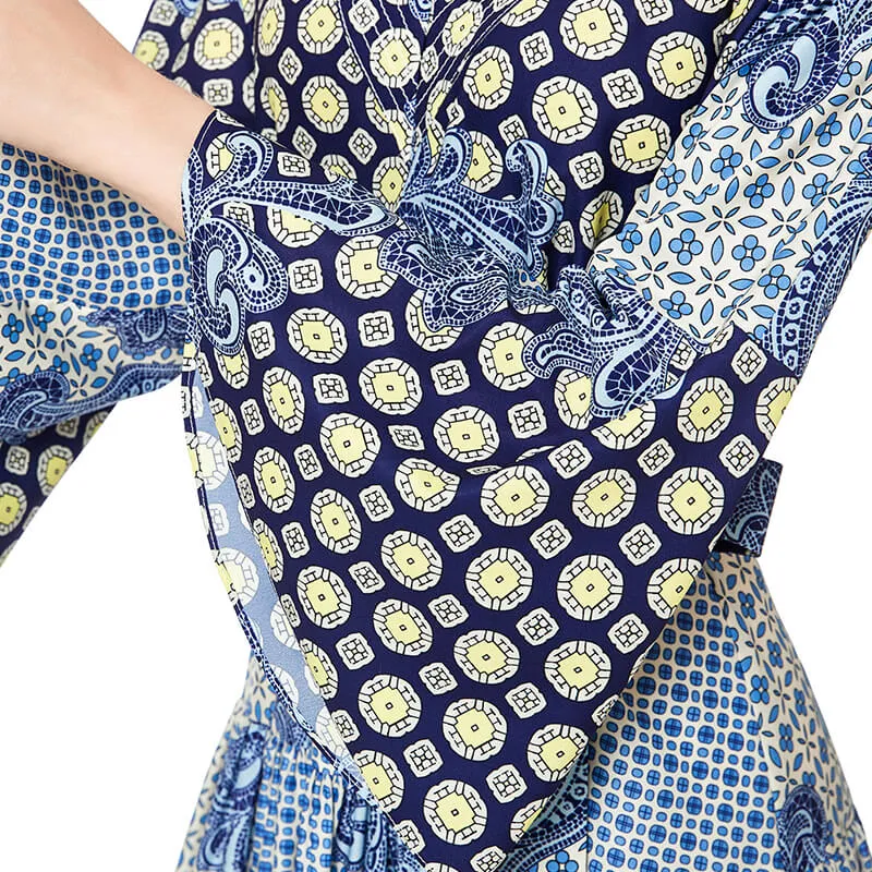 D051 Women print polyester three-quarter sleeves tiered design midi dress