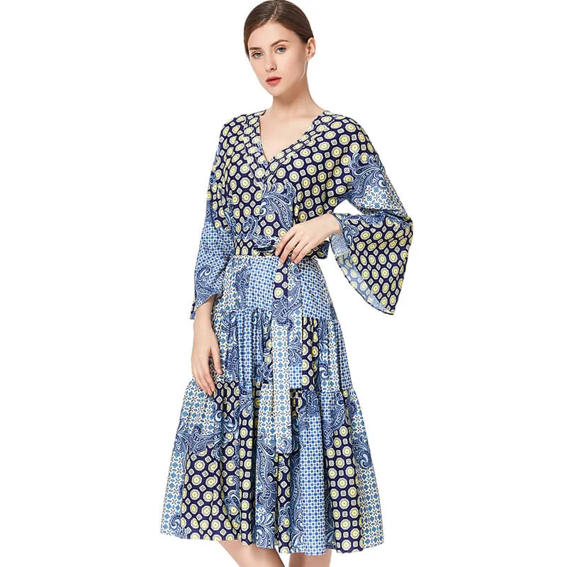 D051 Women print polyester three-quarter sleeves tiered design midi dress