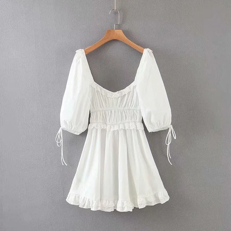 ELEGANT WHITE COTTON LACE MINI DRESS