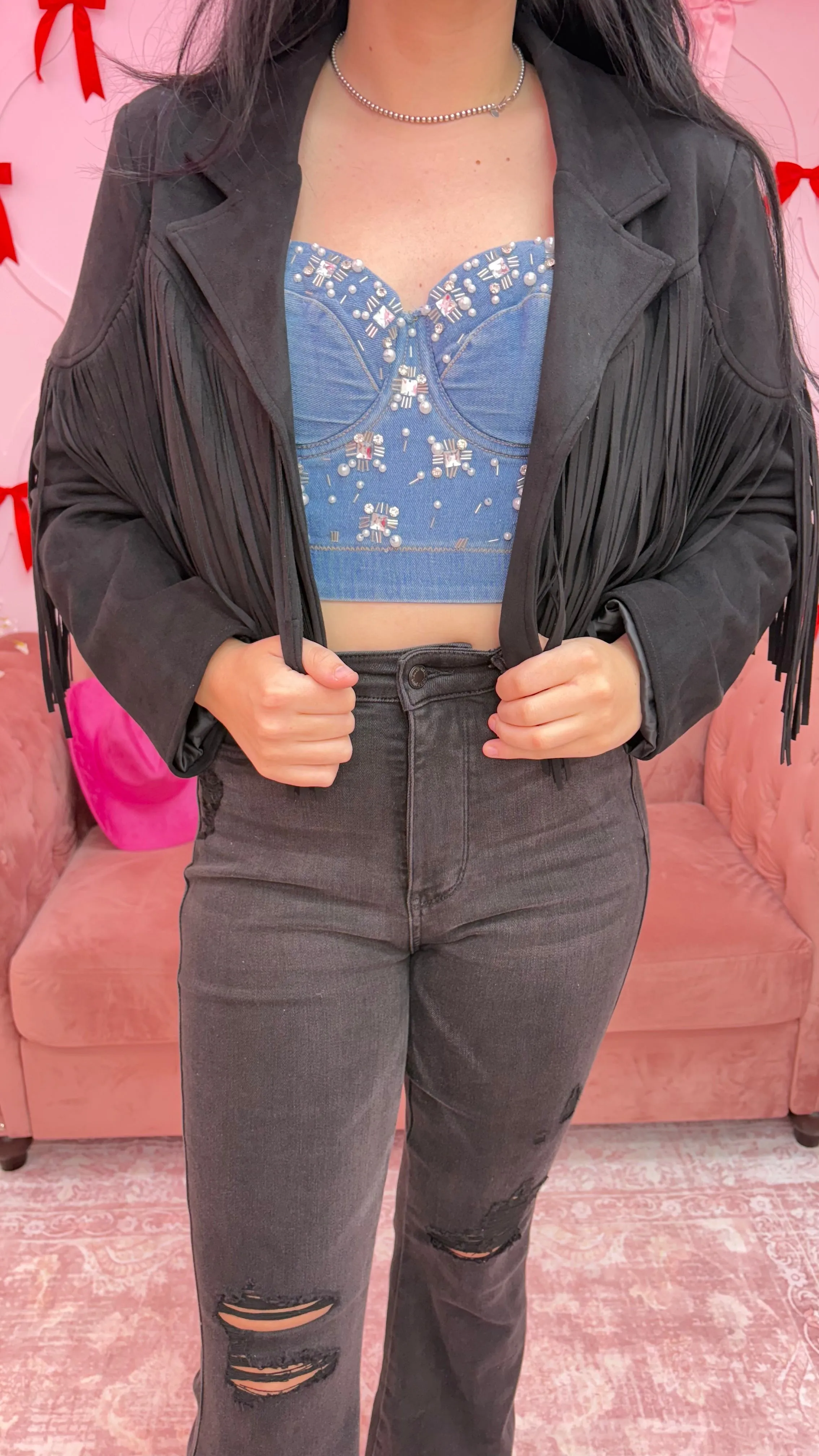 Embellished Denim Bustier Top