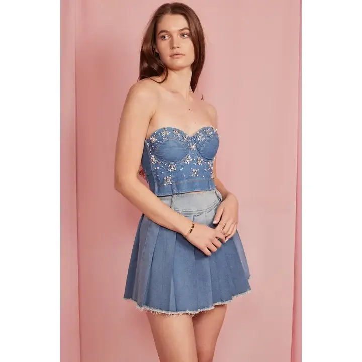 Embellished Denim Bustier Top