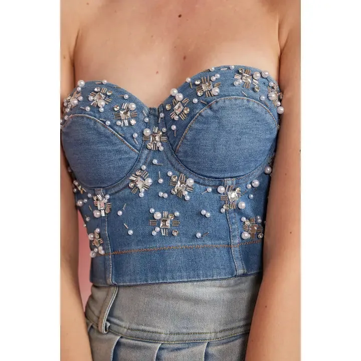Embellished Denim Bustier Top
