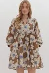 Floral Print 3/4 Sleeve Ruffled Mini Dress