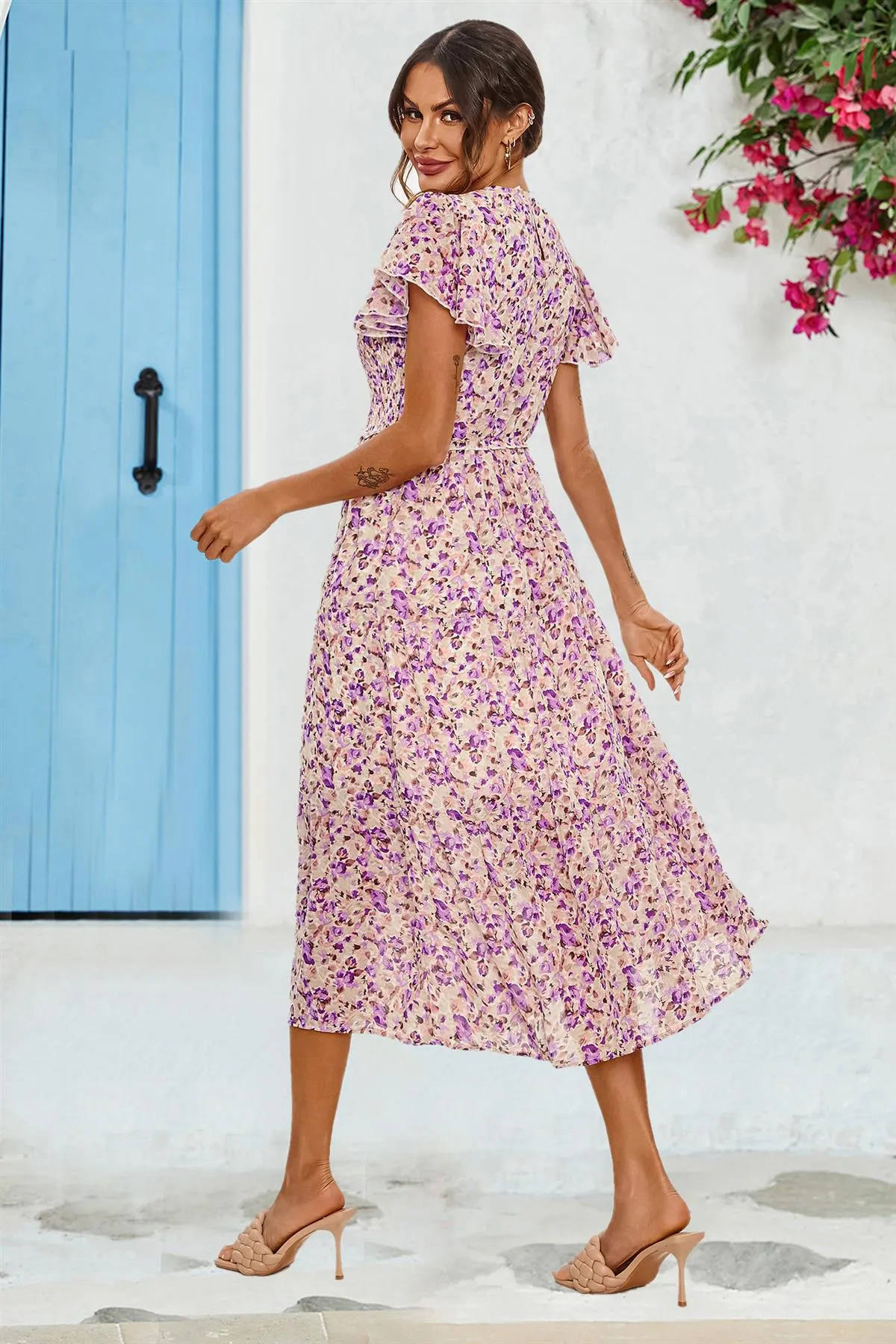 Floral Print Angel Sleeve Midi Dress In Purple