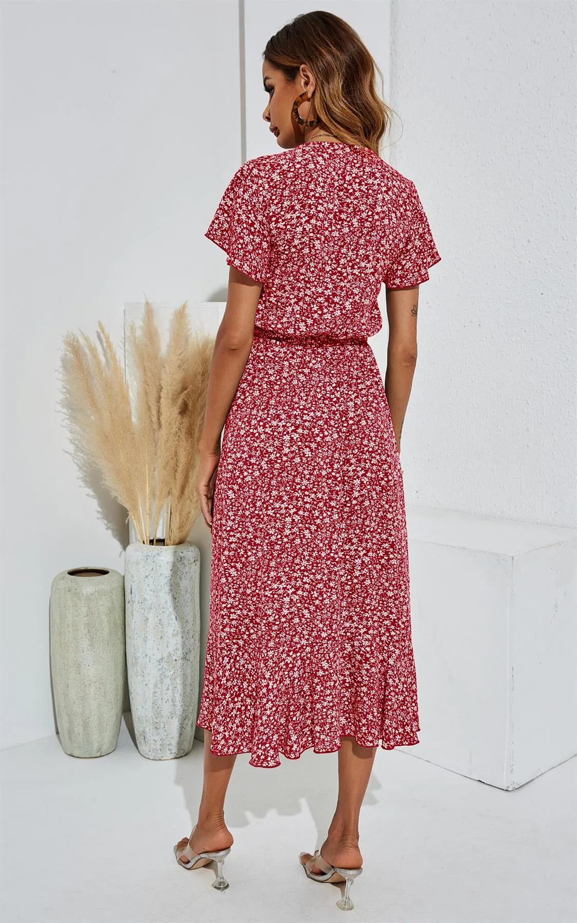 Floral Print Wrap Hem Midi Dress In Red