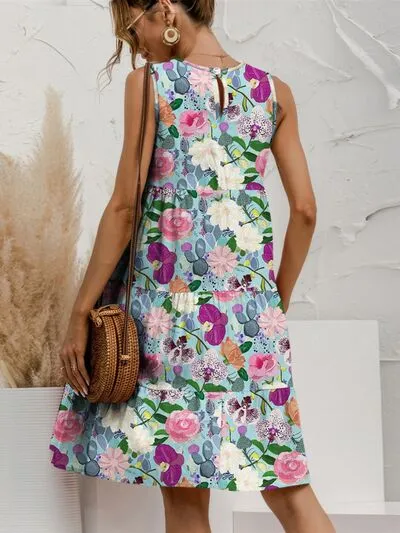 Floral Printed Round Neck Sleeveless Tiered Dress