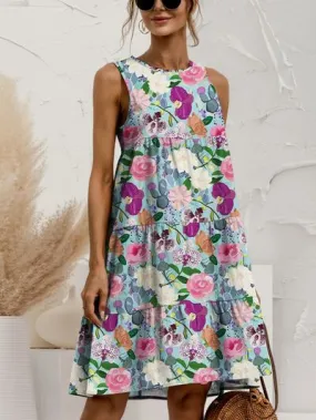 Floral Printed Round Neck Sleeveless Tiered Dress