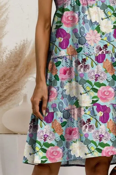 Floral Printed Round Neck Sleeveless Tiered Dress