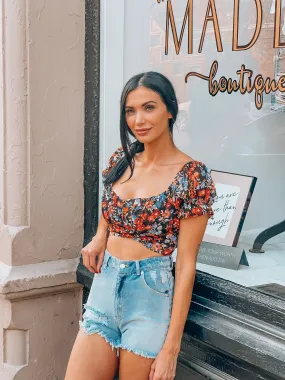 Floral Ruched Shirred Crop Top