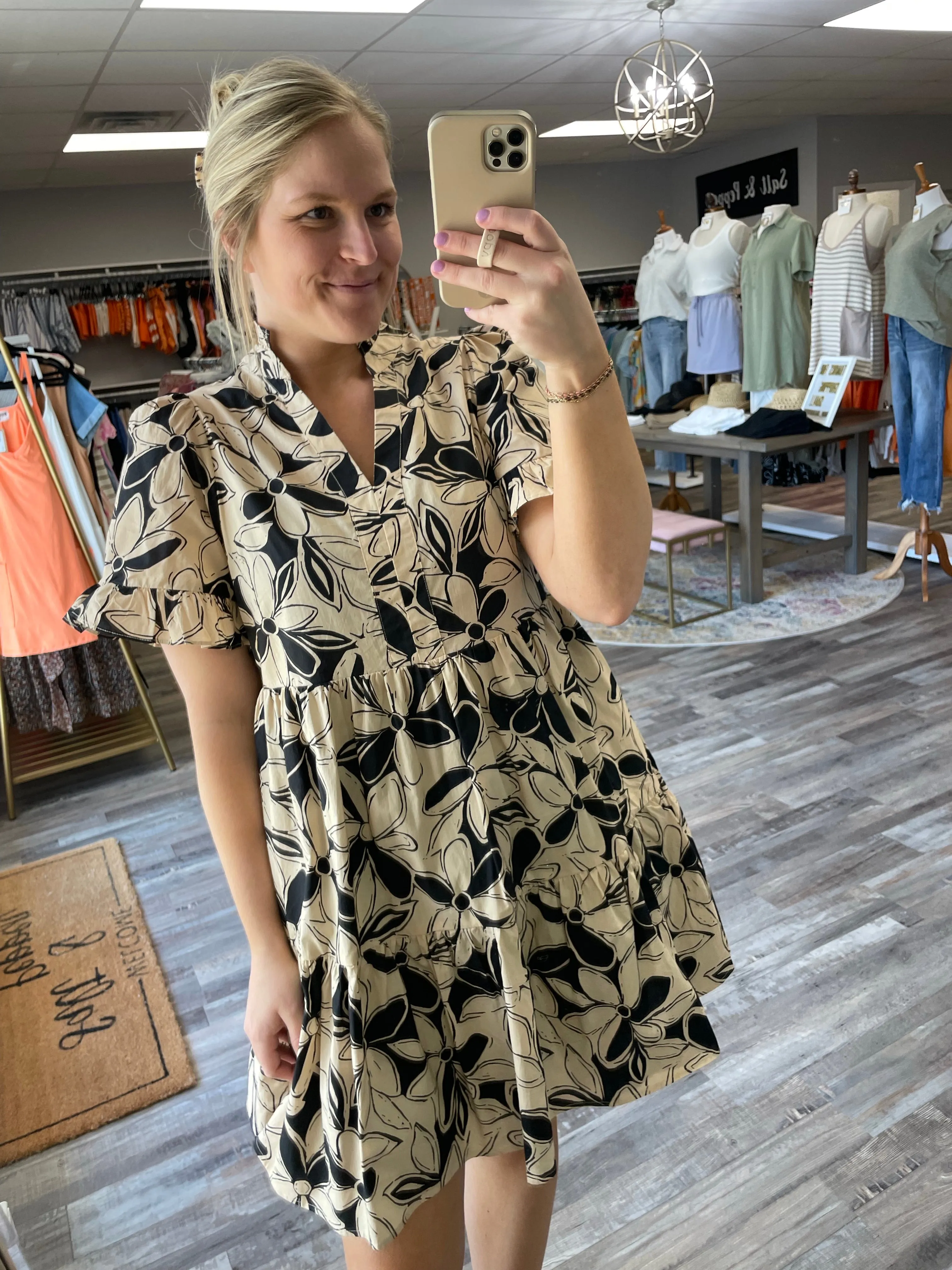 Floral Short Sleeve Mini Dress - Taupe