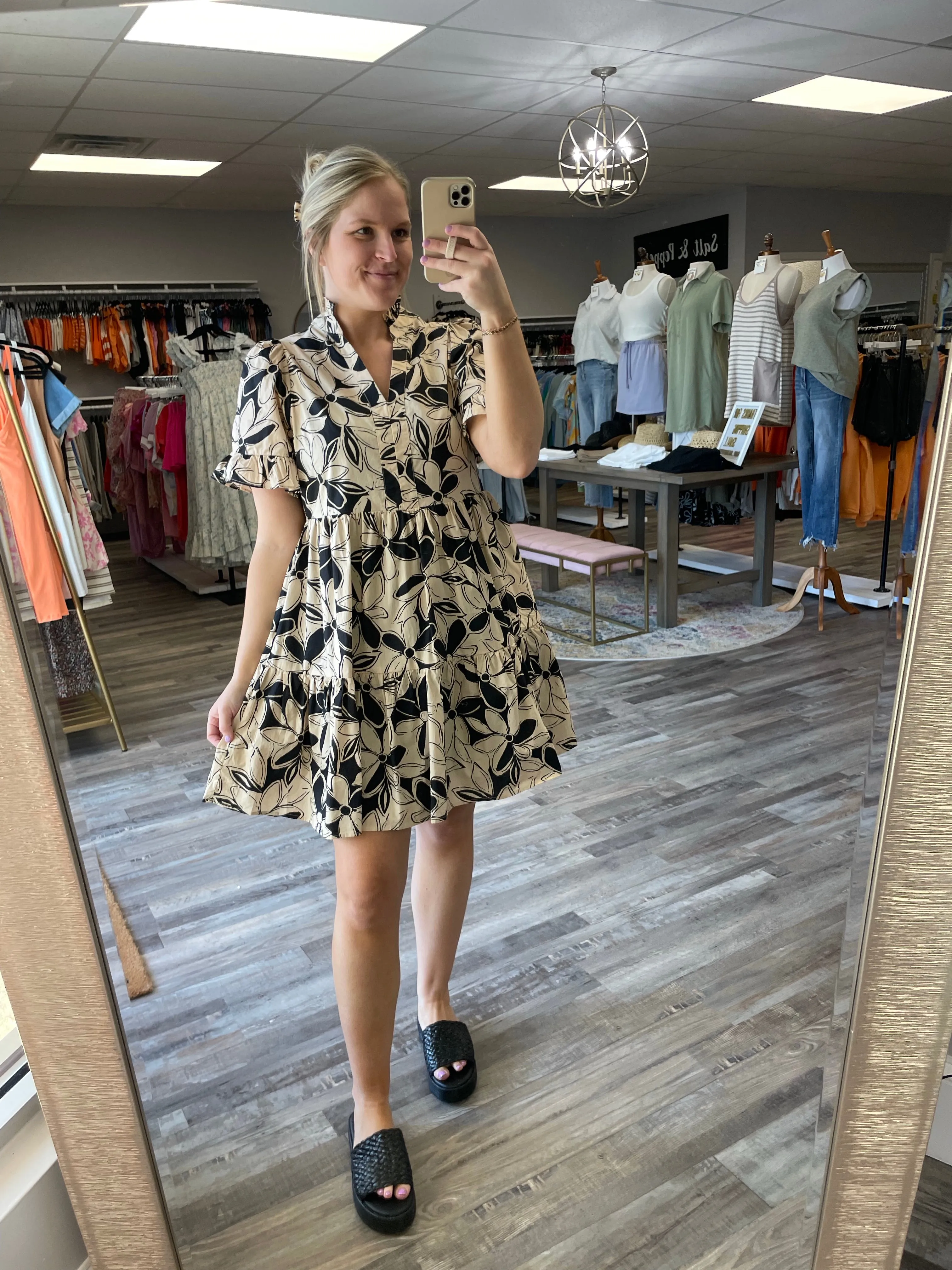 Floral Short Sleeve Mini Dress - Taupe