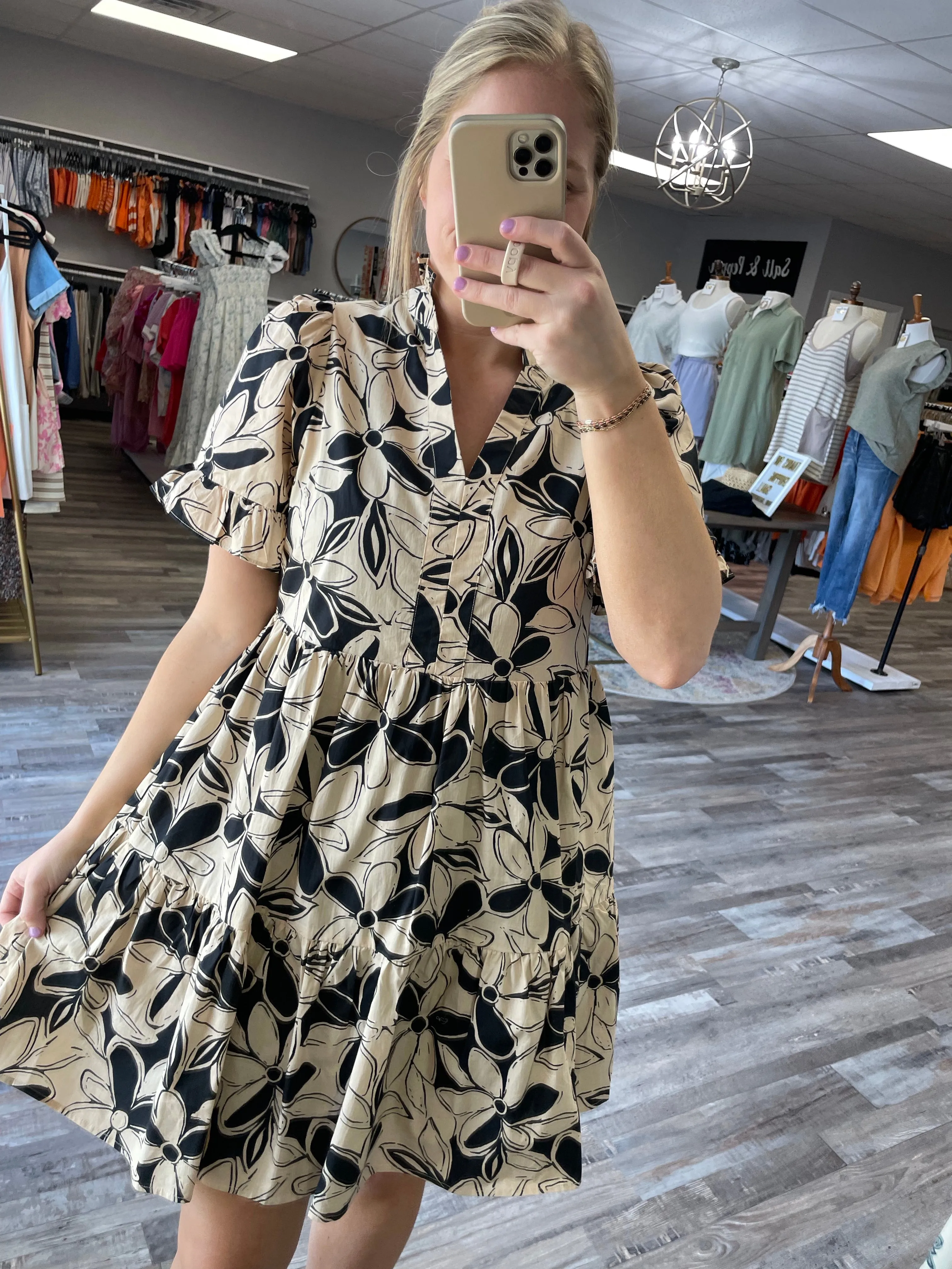 Floral Short Sleeve Mini Dress - Taupe