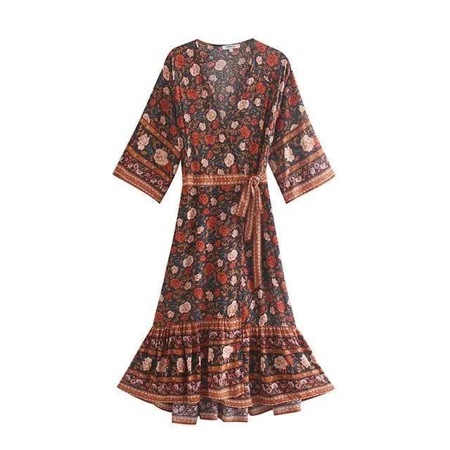 FLORAL WRAP MIDI DRESS