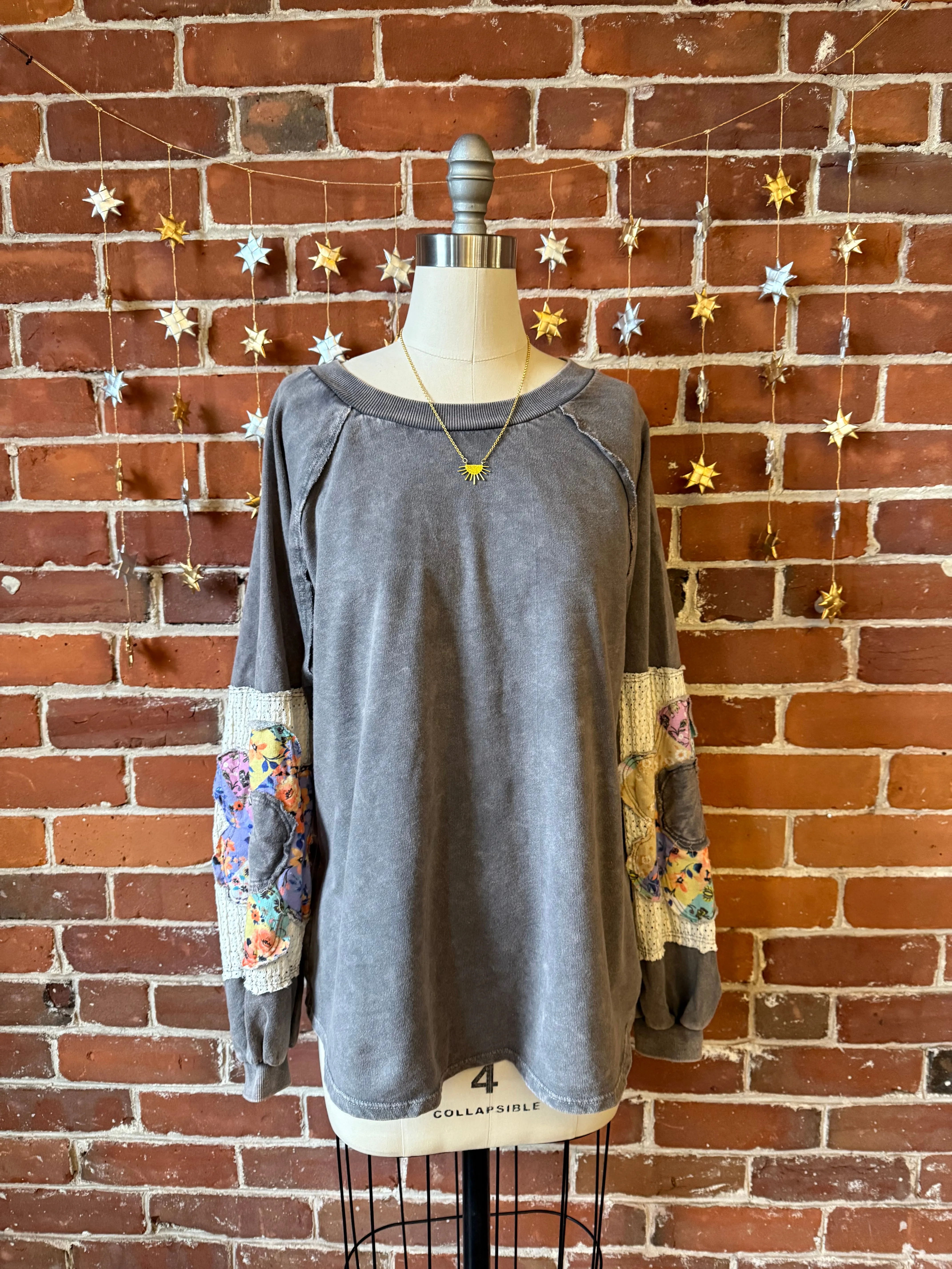 Flower Power Patchwork Floral Mineralwash Sweatshirt - Stone Gray