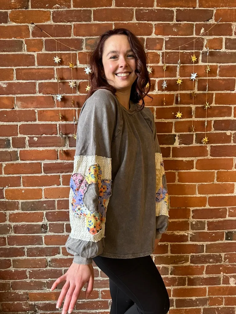 Flower Power Patchwork Floral Mineralwash Sweatshirt - Stone Gray