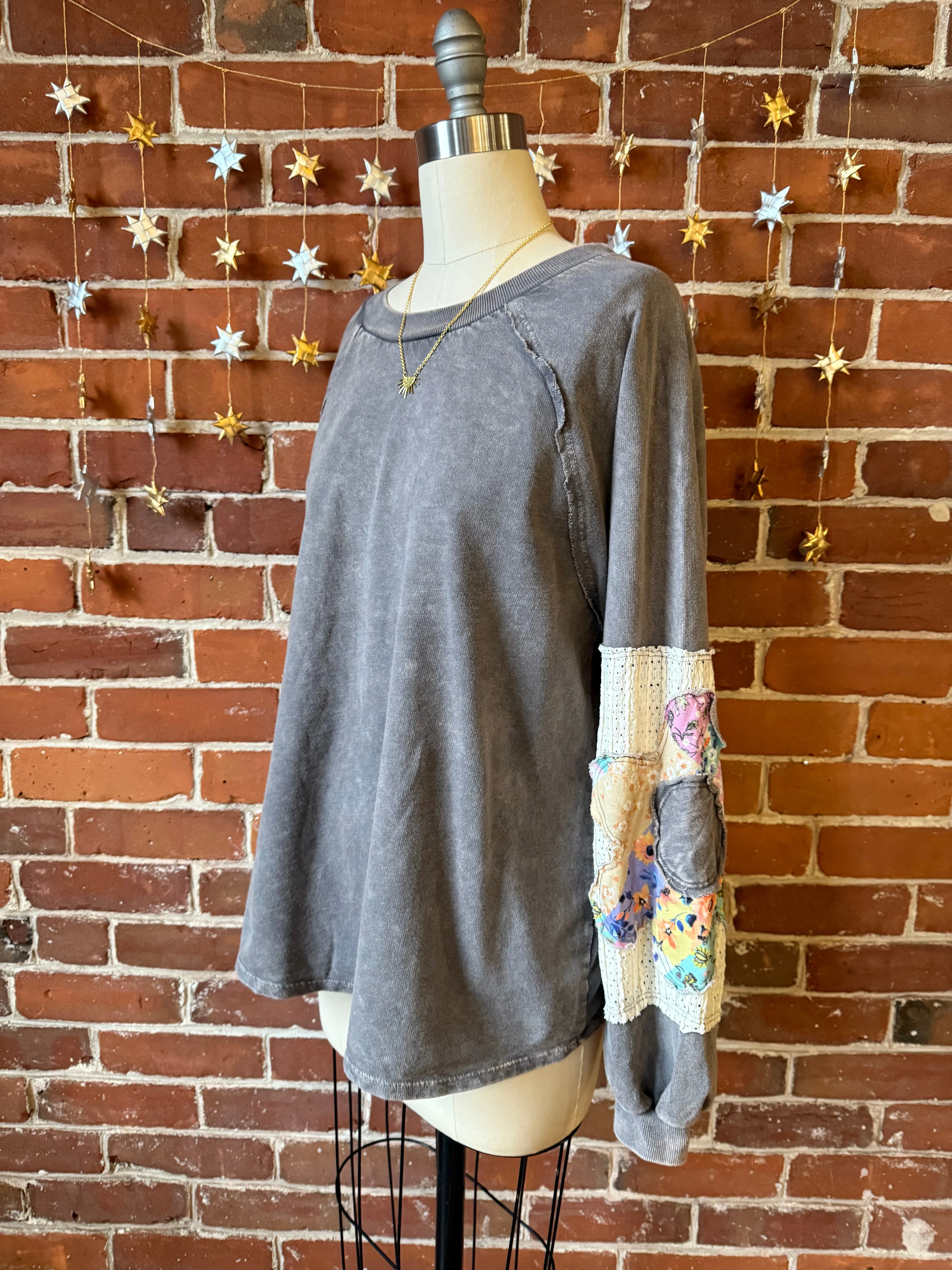 Flower Power Patchwork Floral Mineralwash Sweatshirt - Stone Gray
