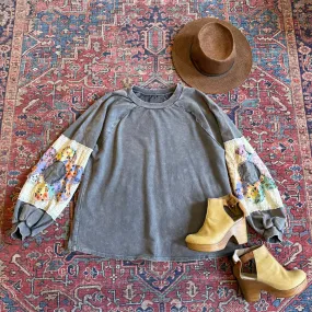 Flower Power Patchwork Floral Mineralwash Sweatshirt - Stone Gray