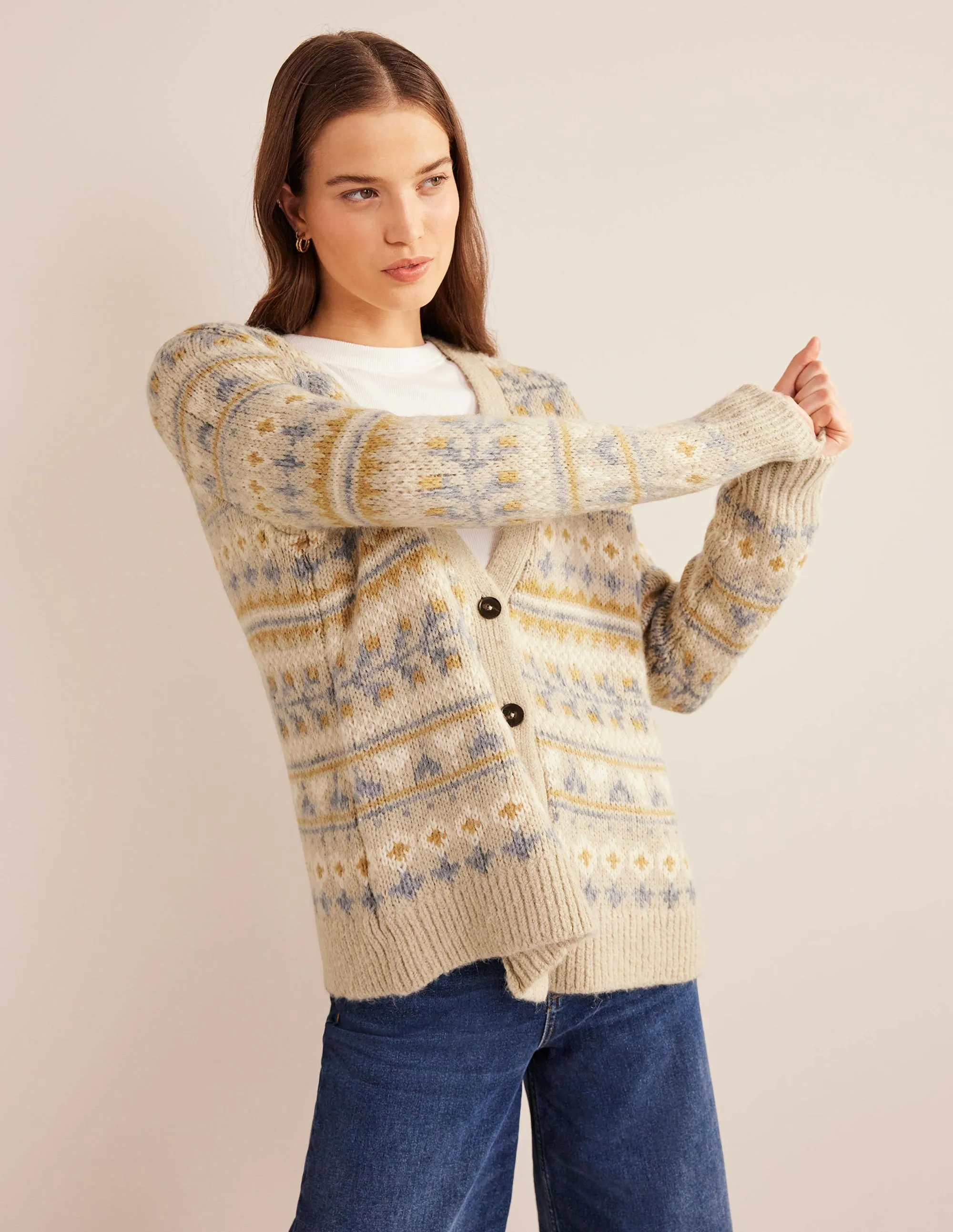 Fluffy Fair Isle Cardigan-Oatmeal Melange Fairisle