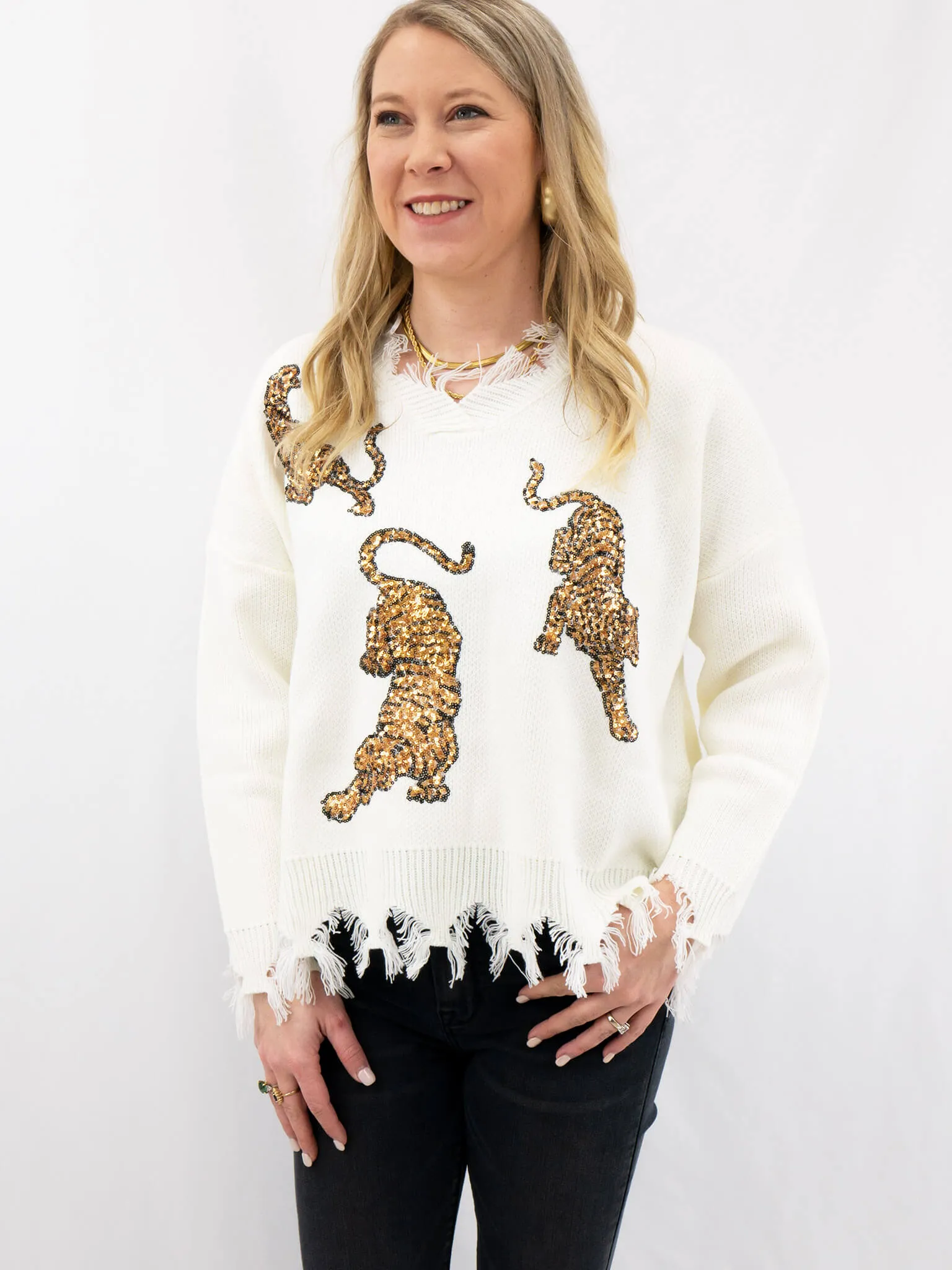 Frayed V-Neck Tiger Sequin Sweater