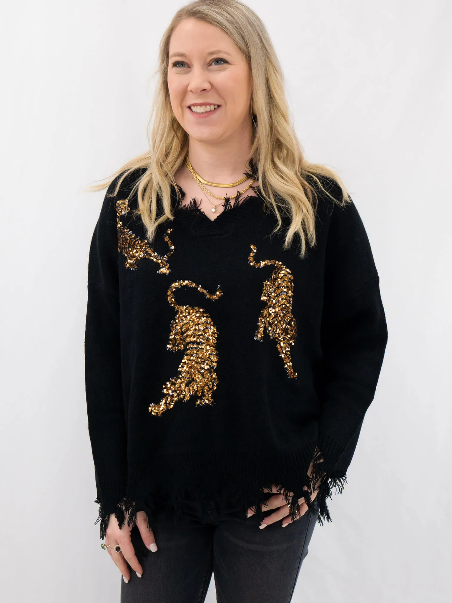 Frayed V-Neck Tiger Sequin Sweater