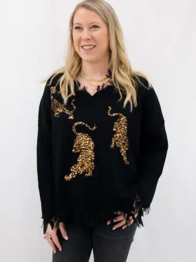 Frayed V-Neck Tiger Sequin Sweater