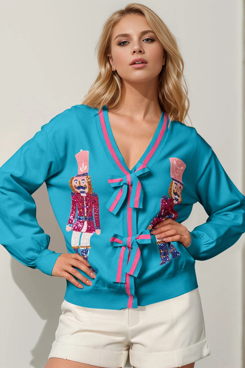 Full Size Nutcracker Sequin Bow Cardigan