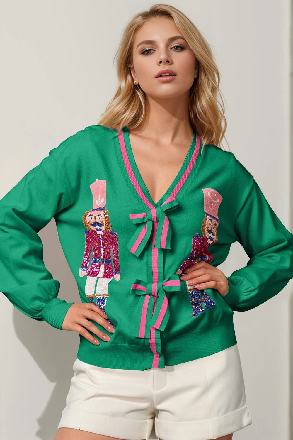 Full Size Nutcracker Sequin Bow Cardigan