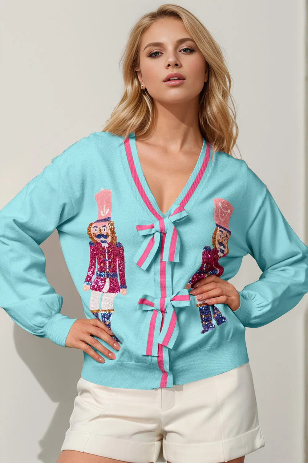 Full Size Nutcracker Sequin Bow Cardigan