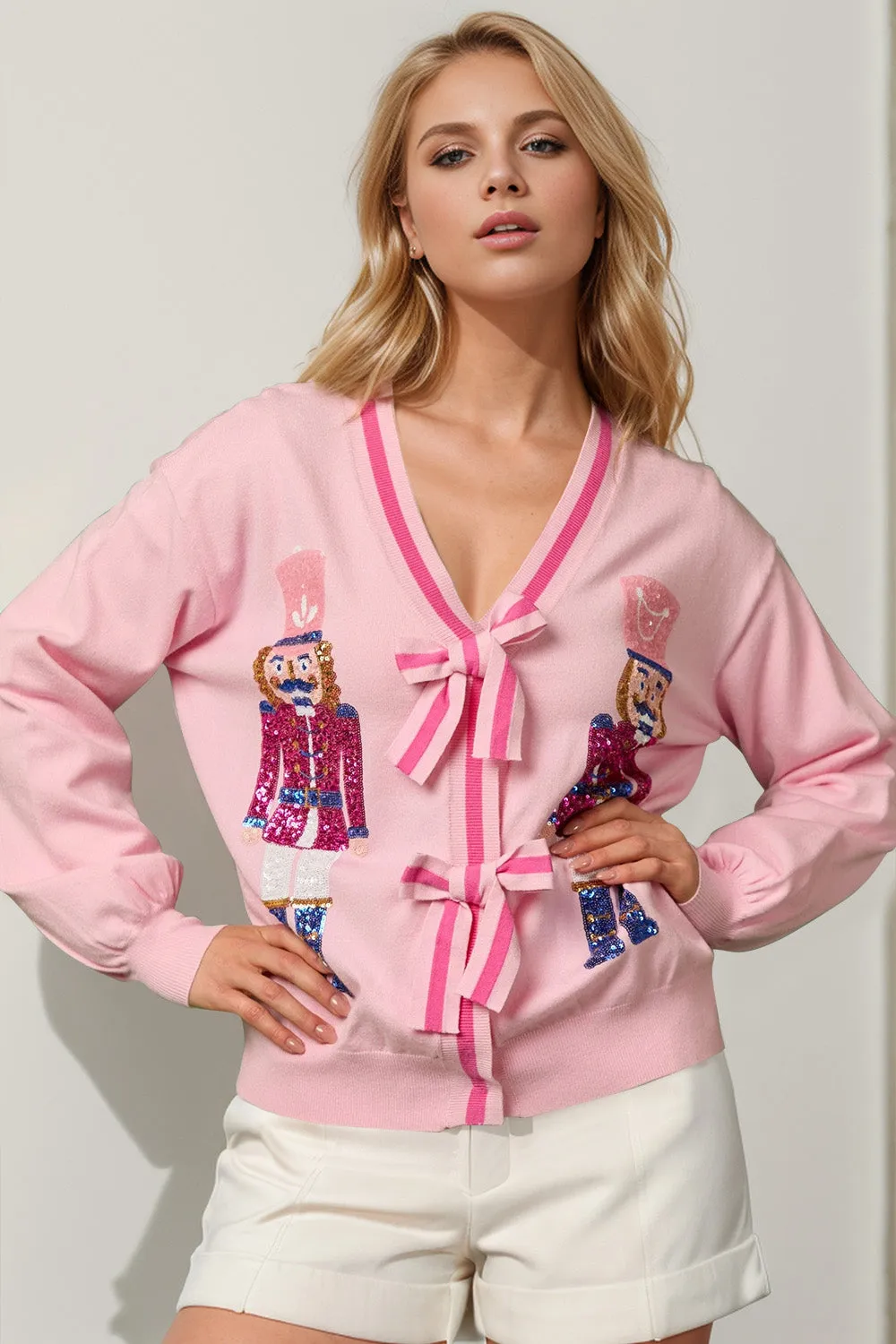 Full Size Nutcracker Sequin Bow Cardigan