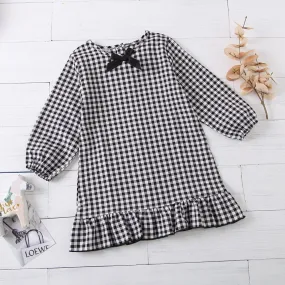 Girls Bow Long Sleeve Plaid Casual Dress Girls Dress Wholesale