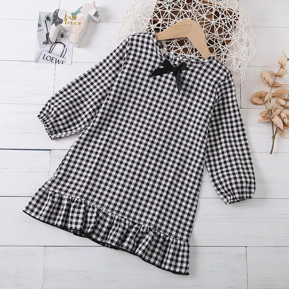 Girls Bow Long Sleeve Plaid Casual Dress Girls Dress Wholesale