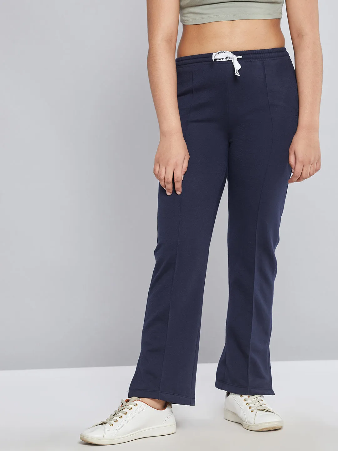 Girls Navy Fleece Brand Drawstring Track Pants