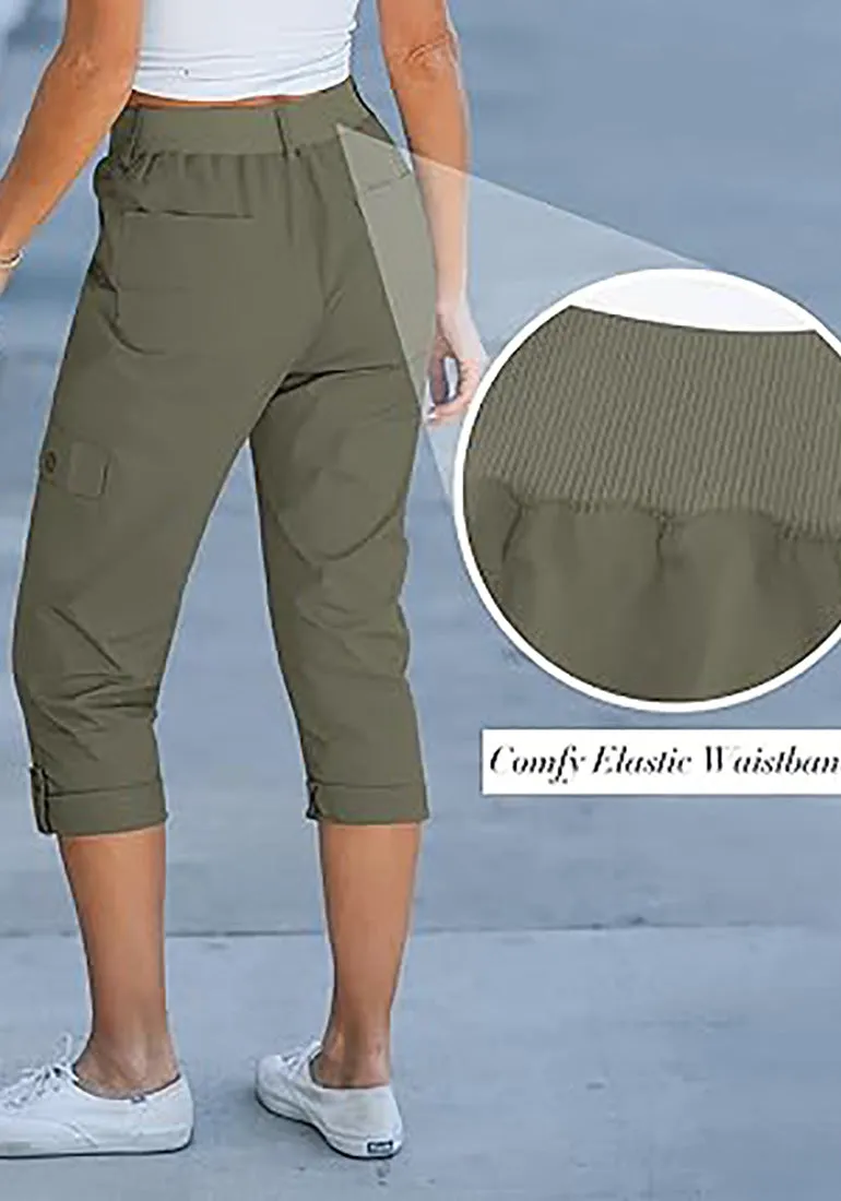 GRAPENT Cargo Capri Pants for Women High Waisted Relaxed Fit Elastic Knit Waist Casual Capris Trousers Cropped Pants