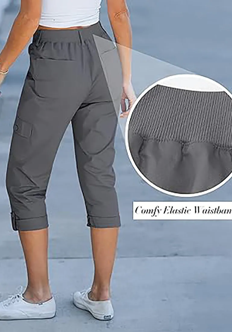 GRAPENT Cargo Capri Pants for Women High Waisted Relaxed Fit Elastic Knit Waist Casual Capris Trousers Cropped Pants
